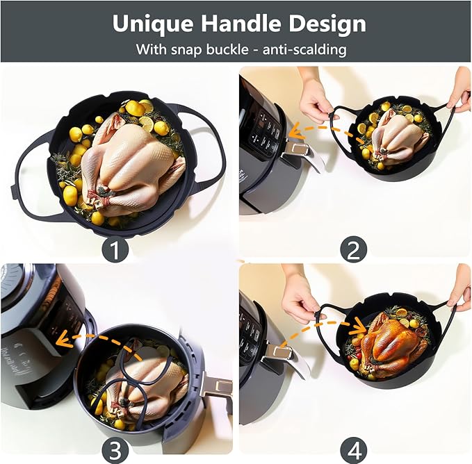 2 Pack Round Silicone Air Fryer Liners, Thickened Reusable Basket Liners with Extended Snap-on Handle, Compatible with Ninja AF101/AF150/AF141/AF161 4-5.5QT Air Fryers,Air Fryer Accessories