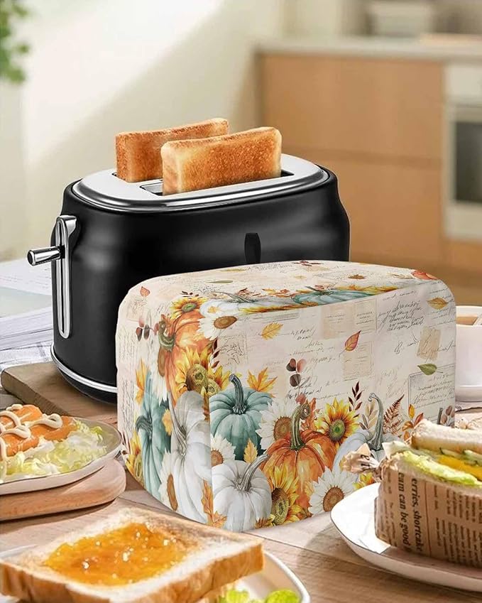 Green Orange Pumpkins Fall Toaster Cover 2 Slice, Thanksgiving Sunflower Dustproof Bakeware Oven Protector with Top Hook, Vintage Waterproof Small Kitchen Appliance Toasters Dust Cover, 11"x6"x8"