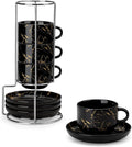 MALACASA 2.5 OZ Porcelain Espresso Cups with Saucers and Metal Stand Set of 4, Stackable Cappuccino Cups, Marble Black Expresso Shots Cup Set for Coffee Drinks, Latte, Tea