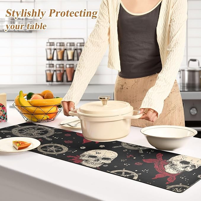 2 in 1 Table Runner Trivet for Hot Pots and Pans Heat Resistant Non Slip Waterproof 39 x 12 Inch Decorative Table Protector for Kitchen Countertop Pirate Skulls Rudders