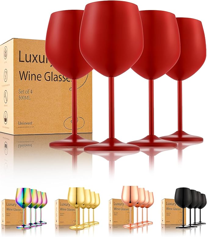 UNISWEET Stainless Steel Wine Glasses Set of 4 Unbreakable Wine Glass 18 oz Unique Metal Wine Goblets for Outdoor, Travel, Camping, Pool, Ideal Gift for Wine Lovers (Matte-Red)