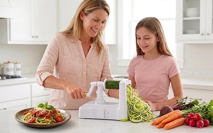 Brieftons 7-Blade Vegetable Spiralizer: Zucchini Spiral Slicer & Veggie Noodle Maker, Japanese Steel Blades, Catch Container, Strong Suction Cup, Blade Caddy, 4 eBooks | Low Carb, Vegan, Gluten-Free