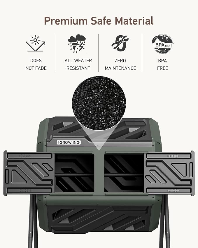 THE Growing 43 Gal Outdoor Compost Bin Tumbler for Backyard Garden, Green | Twin 21.5gal chambers match garden lawns. Pre-embedded nuts for fast setup. Durable resin deters pests and strong odors.
