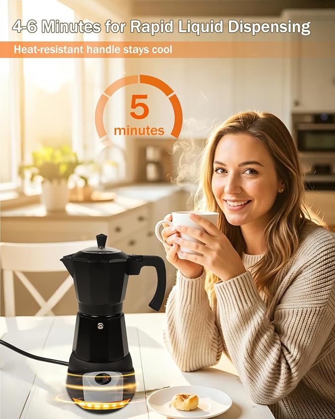 Electric Moka Pot with Detachable Base Aluminum Espresso Maker 10oz 6 Cup 300ml Black Italian Coffee Maker for Kitchen Home 110V