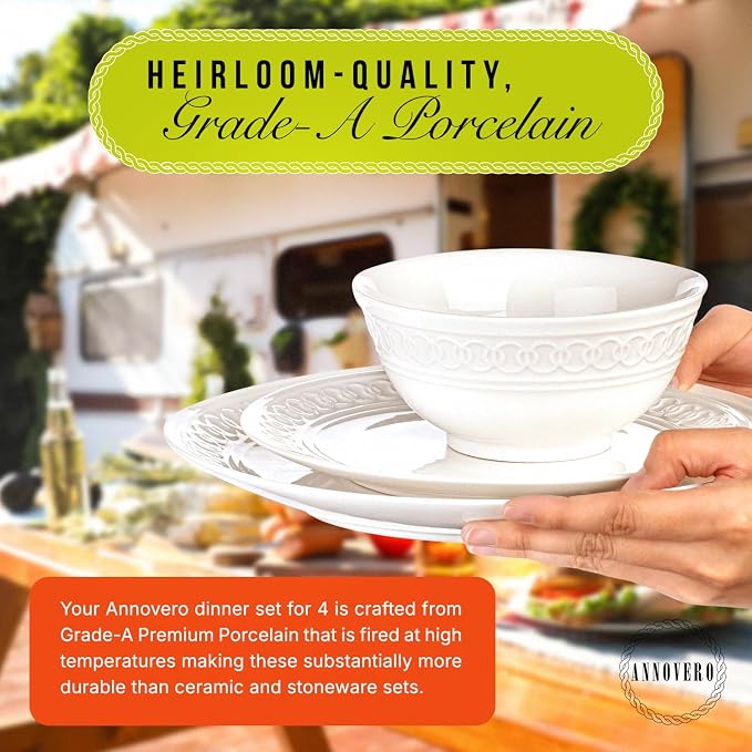 Annovero Plates and Bowls Sets - Dishes Set for 4 - Microwave Safe - 12 Piece Porcelain Dinnerware for Kitchen - Includes 4 Dinner & 4 Appetizer Plates, 4 Cereal Bowls - Zero Lead & Cadmium