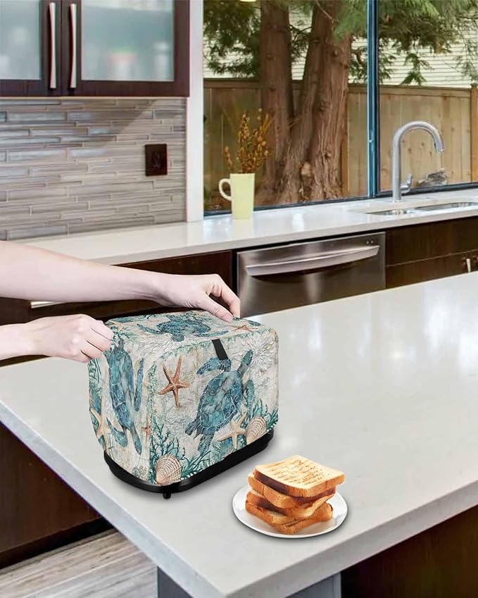 Teal Sea Turtle Toaster Cover 2 Slice, Coastal Coral Ocean Dustproof Bakeware Oven Protector with Top Hook, Nautical Vintage Waterproof Small Kitchen Appliance Toasters Dust Cover, 11"x6"x8"