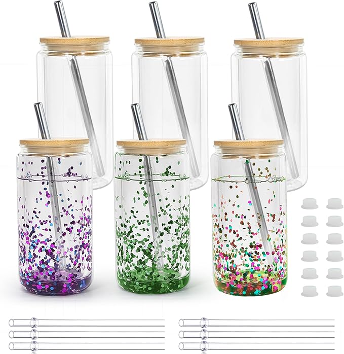 16 oz Acrylic Snow Globe Tumbler Snow Globe Cups Double Wall Snowglobe Tumbler with Pre Drilled Hole Clear Plastic Cups with Bamboo Lids and Straws for Iced Coffee Boba Juice Soda 6 Pack