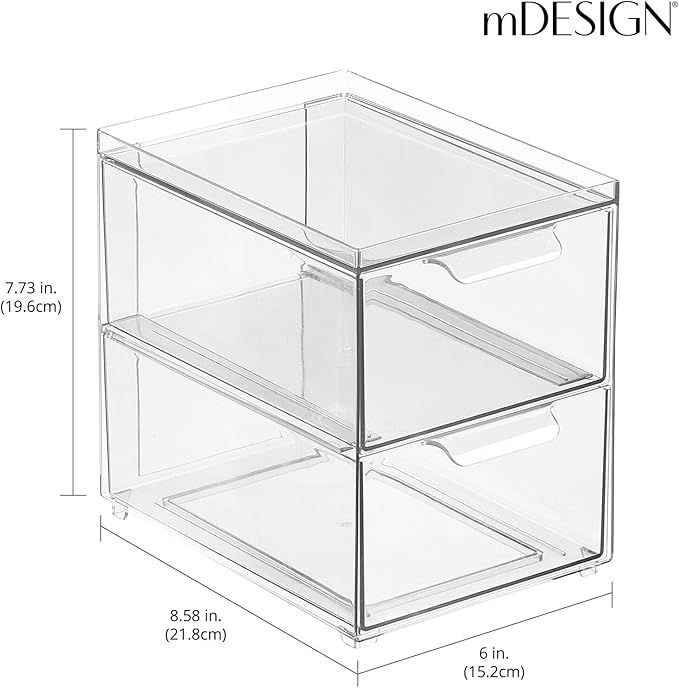mDesign Stackable Storage Containers Box with 2 Pull-Out Drawers - Stacking Plastic Drawer Bins for Kitchen Pantry and Cupboard, Cabinet, Counter, Island and Tables - Lumiere Collection - Clear