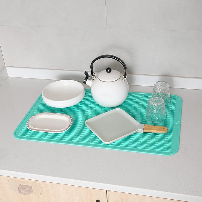 MicoYang Silicone Dish Drying Mat for Multiple Usage,Easy clean,Eco-friendly,Heat-resistant Silicone Mat for Kitchen Counter or Sink,Refrigerator or Drawer Liner Mint 3XL 28 inches x 18 inches