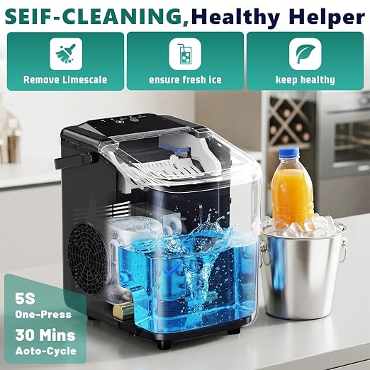 OLIXIS Countertop Ice Maker with Self-Cleaning, Portable Ice Maker Machine with Ice Scoop, 26Lbs/24H, 9 Cubes in 6 Mins, 2 Sizes of Bullet Ice for Home, Kitchen, Office