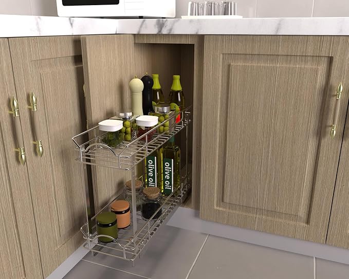 OCG Slide Out Cabinet Organizer for Narrow Cabinet (7" W X 17" D), 2 Tier Pull Out Shelves Slim Sliding Cabinet Organizer and Storage, Chrome