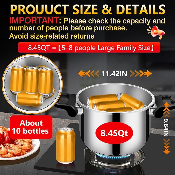 Stainless Steel Pressure Cooker 8 quart Commercial Stove Top Pressure Cooker for canning, pressure cooker 8+ quart, Compatible with Gas & Induction, Fast Cooking for large Meals, Dishwasher Safe,