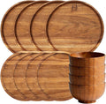 12 Pcs Wood Dinnerware Set,8 Inch 10 Inch Round Wooden Plates and wooden bowl,4 Person Set of Wooden Dinner Ware Set for Main Meals,Snacks and Desserts