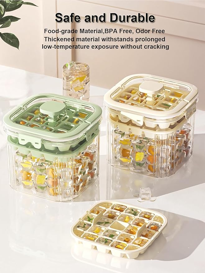 6.7*6.7*7.1in Ice Storage Bin w/ Two Small Ice Cube Trays Molds & Scoop for Home Bar, Small Ice Bucket with Sealed Lid for Freezer, Portable Refrigerator Ice Holder Containers for Outdoor Green