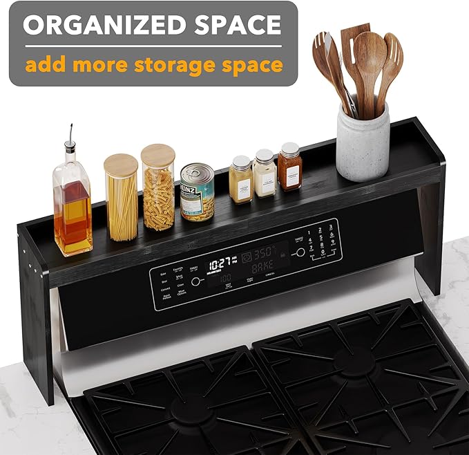 SpaceAid Bamboo Over the Stove Spice Holder Shelf, 31.5" Kitchen Organizer Stove Spice Top Rack, 11.6" Height Countertop Storage, Over Oven Back Sink Organization Shelf, Black