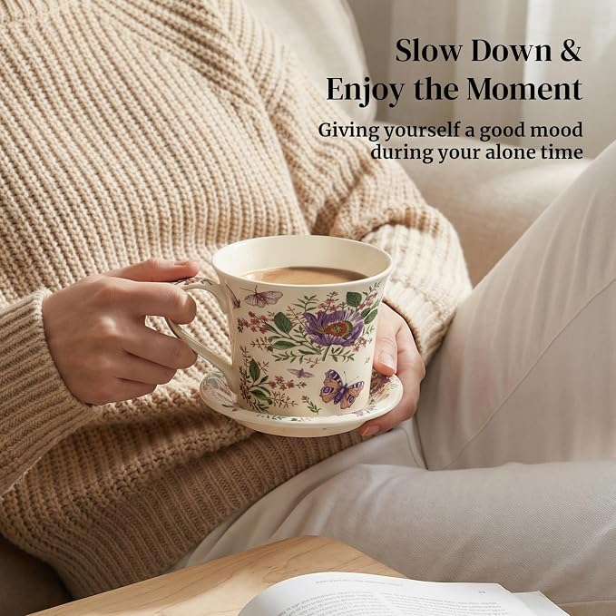 DOWAN 14 OZ Tea Cup & Saucer Set, Ceramic Coffee Mug with Lid, Cappuccino/Latte Cup, Floral, Perfect Self‑Care or Gift for Friends, One Set
