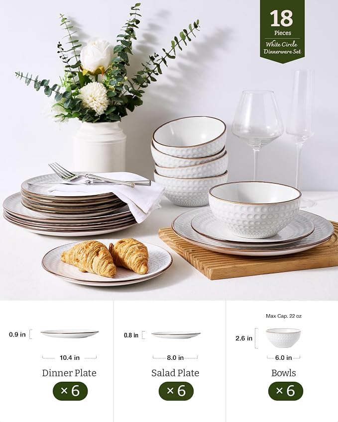 Famiware Eden Embossed Plates and Bowls Sets, Stoneware Dinnerware with Gold Trim, 18-Piece Luxury Dishes for 6, Everyday & Formal Use, Chip/Scratch Resistant, Microwave/Dishwasher Safe, White Circle