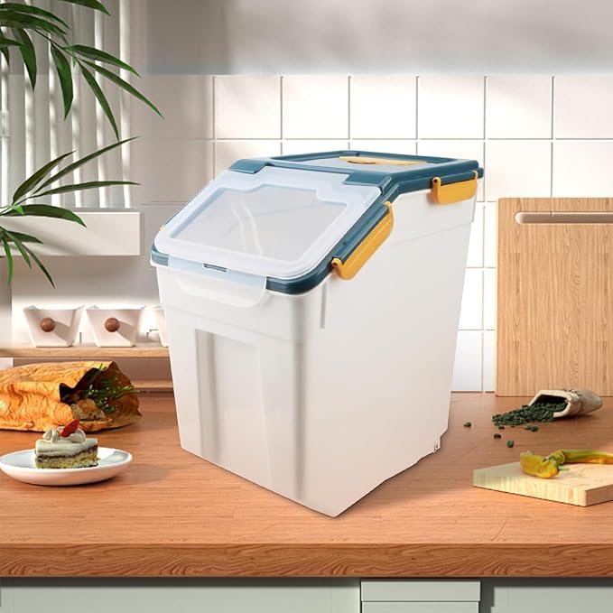 50LB Large Flour Storage Container Bin,2 Pack Airtight Plastic with Wheels Seal Locking Lid Dispenser Organizer Bin with Measuring Cup & Scoop for Flour, Rice, Grain 100LBS Total Capacity(Blue)