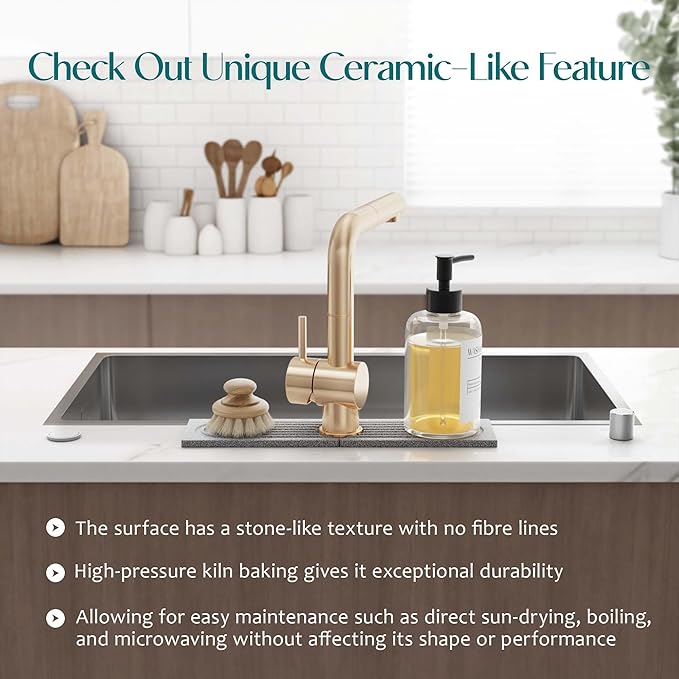 Stone Faucet Mat for Kitchen Sink, Diatomite Stone Drying Mat for Kitchen Counter, 2026 Upgraded Dishwasher-Safe & Ultra Absorbent, Chemical-Free Stone Dish Mat for Bottles Utensils (15.7" x 3.9")