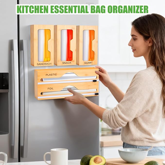 Magnetic Food Bag Organizer for Refrigerator or Drawer, Bamboo Foil and Plastic Wrap Organizer with Cutter, Kitchen Food Storage Bag Holder for Gallon, Quart, Snack, Sandwich, Size Baggie
