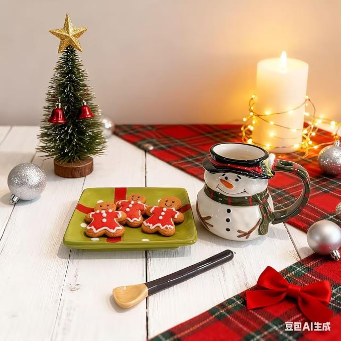 Ceramic Christmas Tea Cup and Saucer Set ，220ML(7.5OZ) 3D Hand-painted Christmas Snowman Coffee Mug，Rectangular Saucer, Spoon