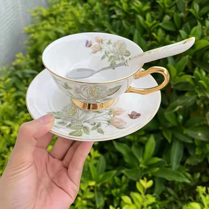 Honorable Coffee Cup Mug, Cappuccino, Tea Cup, with Saucer for Latte, Fine Bone Porcelain, Reactive Glaze, 6.8 Oz-1pcs (Elegant White Roses)