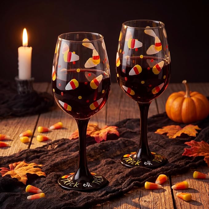 SiliFine 2 Pcs Halloween Candy Corn Theme Party Stemmed Wine Glasses Hand Painted Drinking Cup Wine Glasses Gifts for Halloween Birthday Theme Holiday Party Supplies