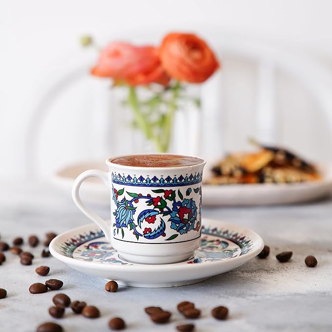 Turkish Coffee Cups Set of 2 with Saucers and Cup Holder, Ceramic Espresso Cups, Perfect for Serving Arabic Coffee – White & Blue Pattern