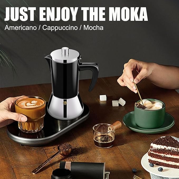 6 Cup Thickened 304 Stainless Steel Moka Pot Stovetop Espresso Maker Cafeteras Italian Percolator Espress Makers Capable Greca Mocha Coffee Machine for Induction Home and Camping 300ml 10oz