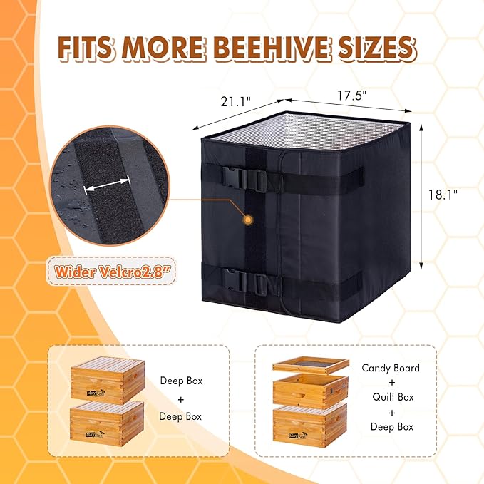 MayBee Winter Bee Hive Wrap for 10 and 8 Frame Beehives, 600D Oxford Cloth Adjustable Beehive Wrap for 2 Deep Hive Boxes, Waterproof, Windproof, Lightweight, Reusable, 76.8" x 18.1"