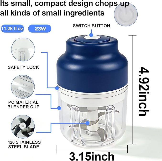 Kuars Gvni Garlic Chopper Wireless Electric Garlic Mixer with Press High-Speed Blending 11.26oz Rechargeable Portable Blender for Kitchen (Blue)