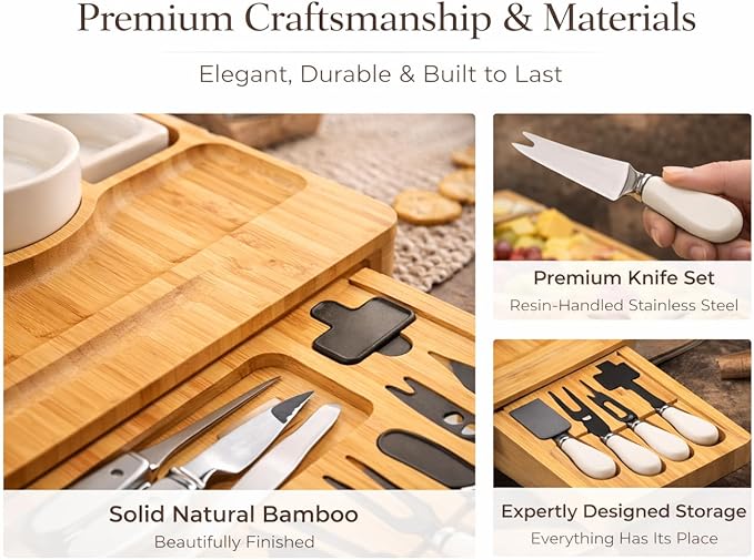Charcuterie Board Set with Drawer & Bowls, Bamboo Cheese Board with Knife Set & Stainless Steel Bottle Opener, Large Serving Board for Entertaining, Housewarming & Wedding Gifts