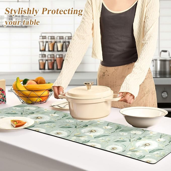 Sage Green Dandelion Trivet Table Runner Heat Resistant 230F for Hot Dishes Pots Plates Kitchen Dining Table Protector Decorative 39.37 X 11.8 Inch