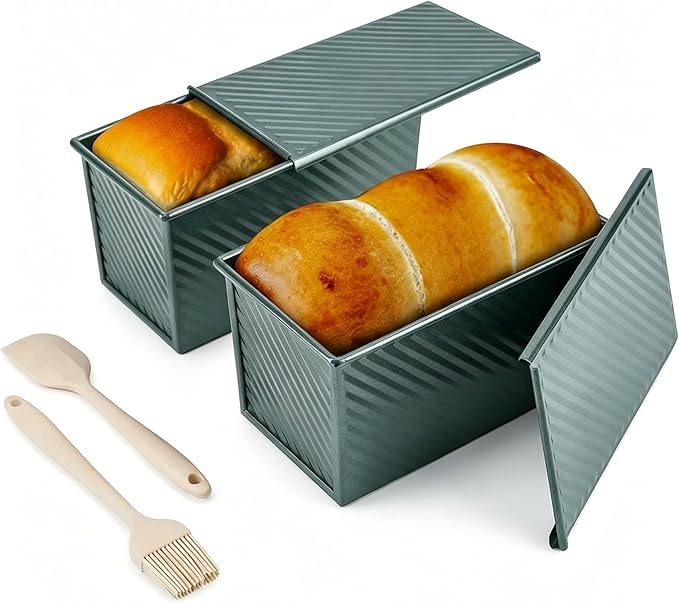 CARTMAN Bread Loaf Pan 2 Pack, 8x4 Pullman Loaf Pan with lid and a Silicone Spatula and Basting Pastry Brush, 1 lb Dough Capacity,Non-Stick Carbon Steel bread pans for homemade bread Sage Green