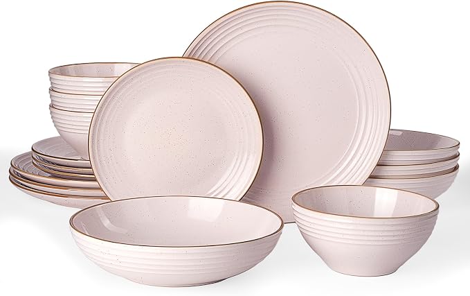 Famiware Jupiter 16-Piece Stoneware Dinnerware Set for 4 - Includes Pasta Bowl & Dinner Plate, Handcrafted Dishes with Speckles & Embossed Swirls, Chip & Scratch Resistant, Daily & Formal Use, Pink