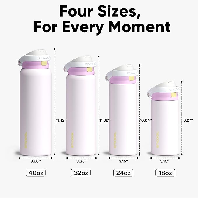 ENCOOL Leakproof Insulated Water Bottle with Straw Dual-Sip Water Bottle Bag-Safe Design for Work, Commute & Gym – Keeps Drinks Cold All Day, 24 oz, Lemonade Pink