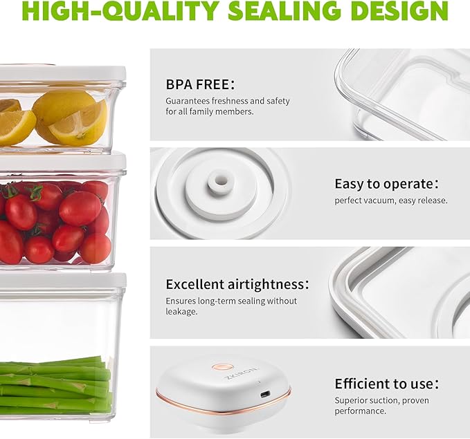 ZKIRON One-Touch Electric Vacuum Seal Food Storage Containers Set of 3 - Automatic Sealer Machine with Airtight Meal Prep Containers - BPA-Free & Stackable for Vegetables, Meat, Fruits (White)