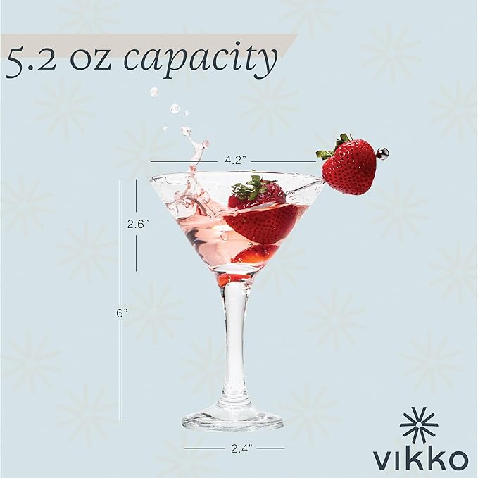 Vikko Martini Glasses Set of 4, 5.2 Ounce Cocktail Glasses with Stem, Elegant Cosmopolitan Glasses for Martinis and Cockatails, Dishwasher Safe, Durable Manhatten Glasses