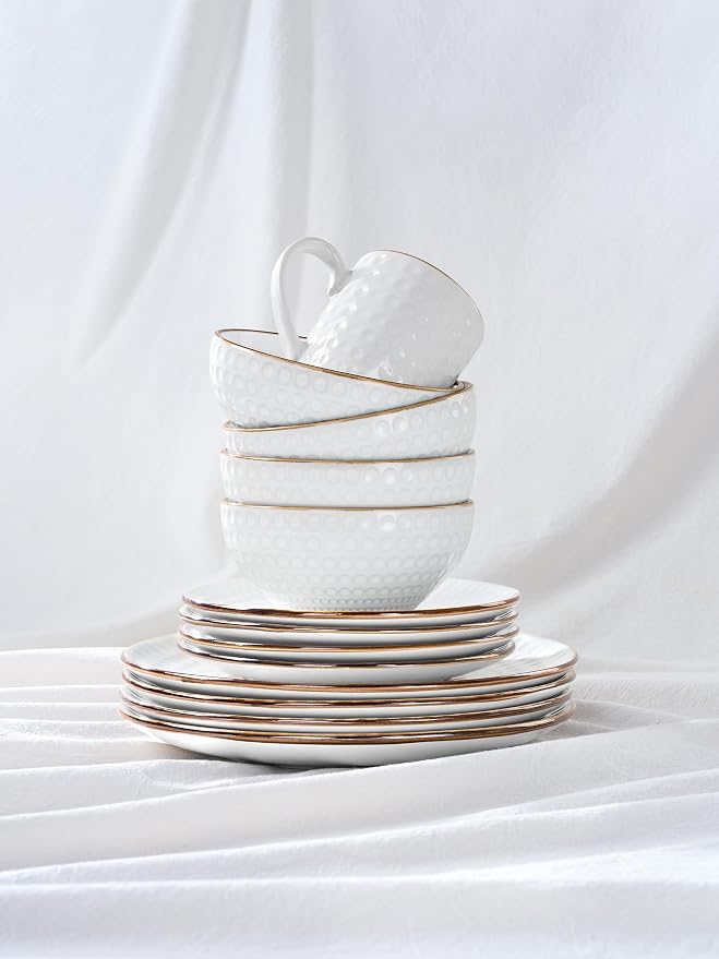 Famiware Eden Embossed Plates and Bowls Sets, Stoneware Dinnerware with Gold Trim, 18-Piece Luxury Dishes for 6, Everyday & Formal Use, Chip/Scratch Resistant, Microwave/Dishwasher Safe, White Circle