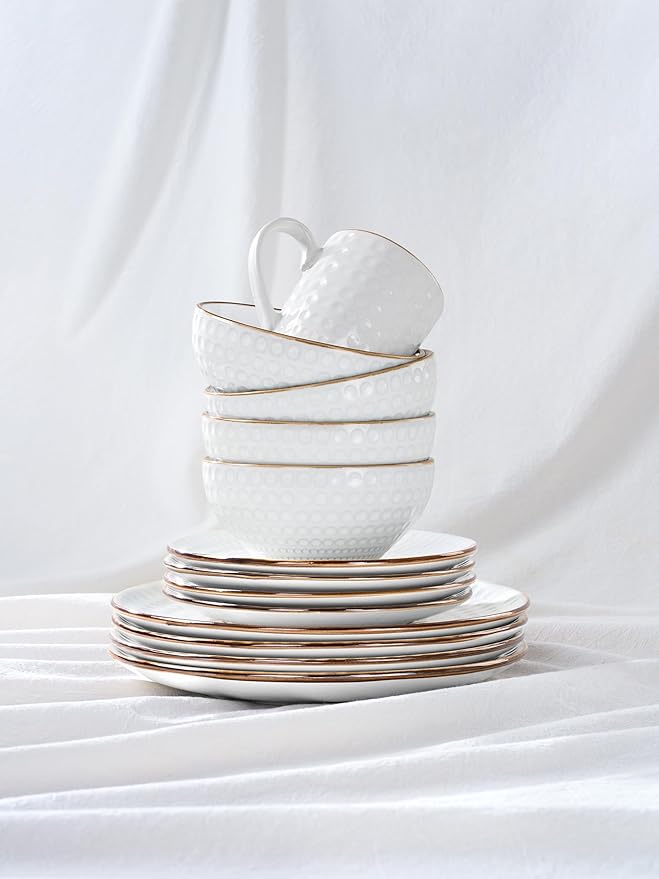 Famiware Eden Embossed Plates and Bowls Sets, Stoneware Dinnerware with Gold Trim, 12-Piece Luxury Dishes for 4, Everyday & Formal Use, Chip/Scratch Resistant, Microwave/Dishwasher Safe, White Circle