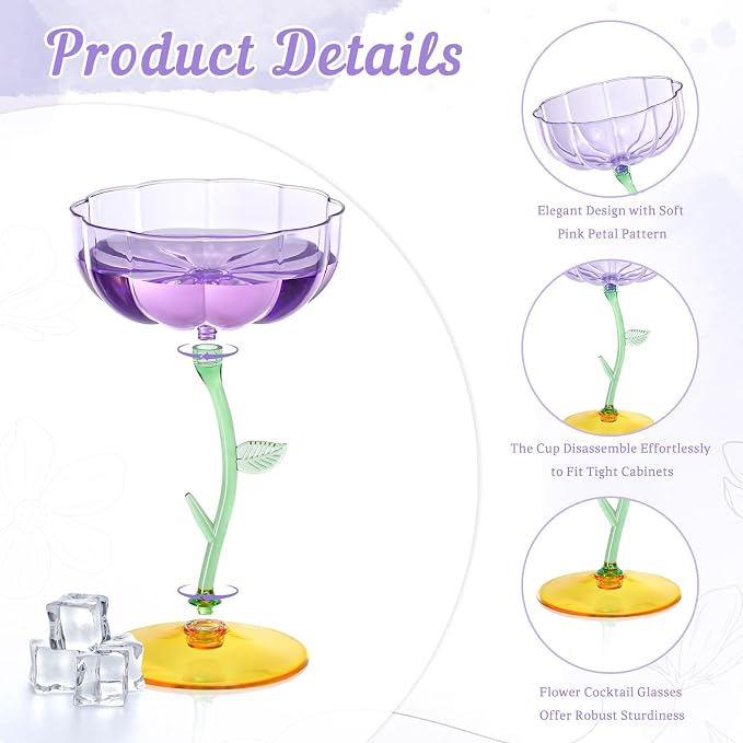 48 Pcs Purple Plastic Ribbed Coupe Glasses Detachable 7oz Flower Cocktail Glasses Modern Wavy Plastic Cocktail Coupes Disposable Martini Glasses Mimosa Glassware champagne goblets (48, Purple)