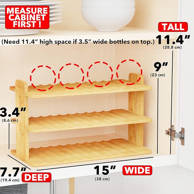 SpaceAid Bamboo Water Bottle Organizer with Labels, Kitchen Pantry Water Bottle Storage Rack for Cabinets, Home Cup and Wine Bottle Holder Shelf Organizers, (3-Tier, Hold 12 Bottles)