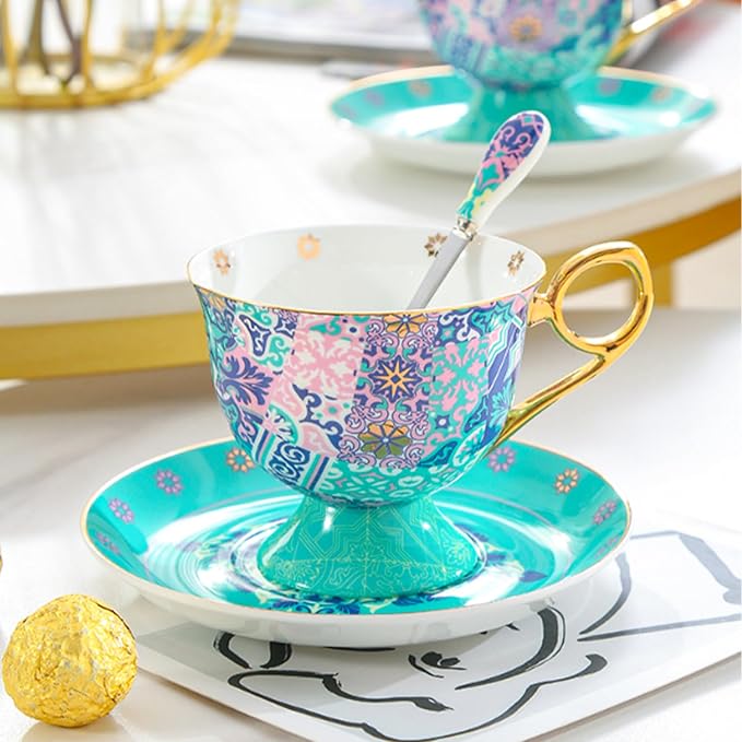 Tea Cup and Saucer Set, Tea Set,Coffee Mug(8oz), Ivory Porcelain Coffee Cup Vintage Floral Ceramic Tea Cup Set with Saucer and Spoon,Gold Trim and Gift Box for Woman/Men(A)