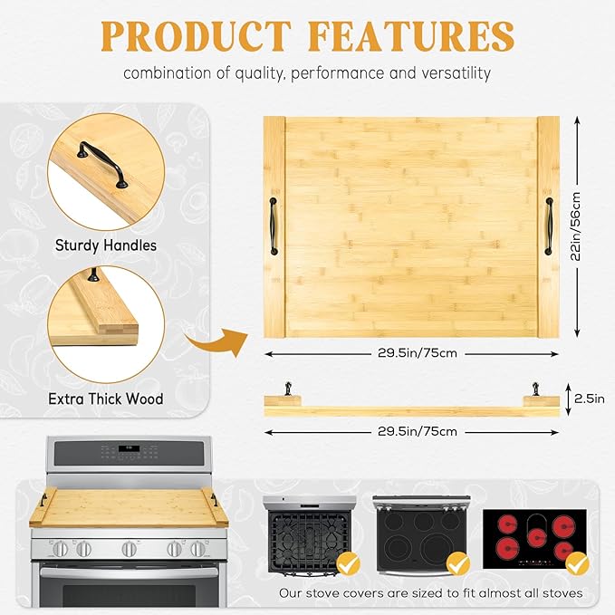 GASHELL Noodle Board Wood Stovetop Cover with Handles for Electric/Gas Stove Top(Bamboo)