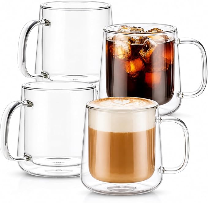 Patelai Glass Coffee Mugs Set of 4, 12 oz Clear Double Walled Coffee Cups Glasses Insulated Latte Mugs with Handle Espresso Clear Cups for Hot and Cold Beverages