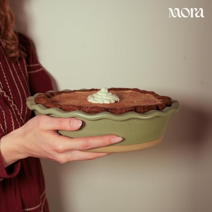 MORA Ceramic Pie Pan for Baking - 9 inch - Deep and Fluted Pie Dish for Old Fashion Apple Pie, Quiche, Pot Pies, Tart, etc - Modern Farmhouse Style Porcelain Ceramic Pie Plate - Thyme