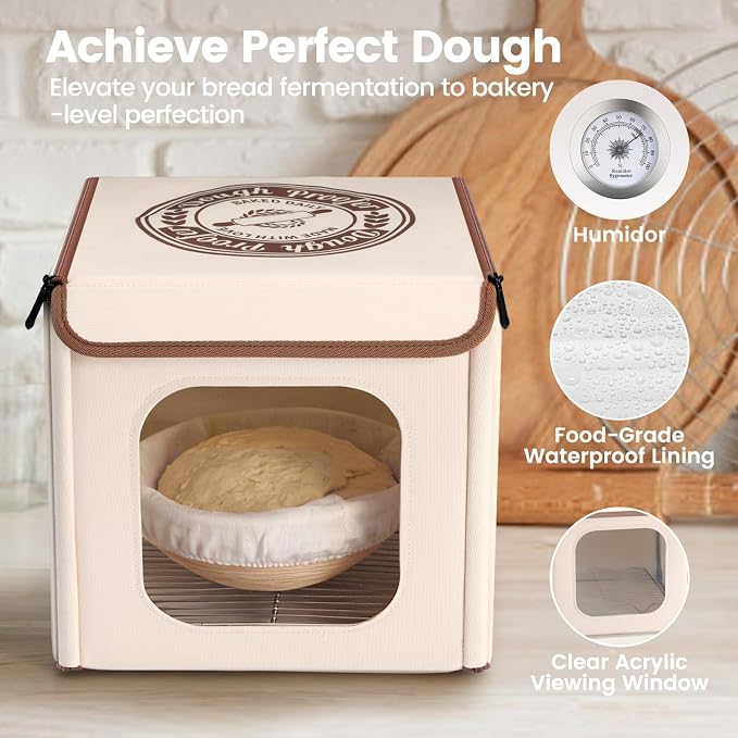 Folding Bread Proofing Box with 50-113℉ Temp Control & 48H Timer, Dough Proofer with Metal Rack, Humidor, Ideal for Sourdough, Bread Baking, Pizza, Yogurt, Kombucha, Perfect for Compact Kitchens