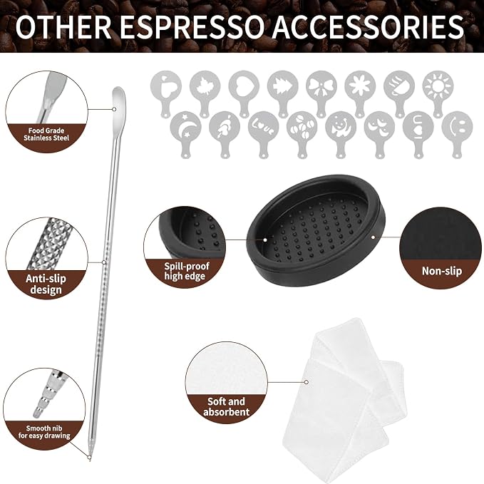53.3mm Espresso Accessories Kit, 24PCS Coffee Tamper Set， WDT Tool,stainlesss Frothing Pitcher, Stirrer, Tamper Mat, Latte Art Pen Coffee puck screen
