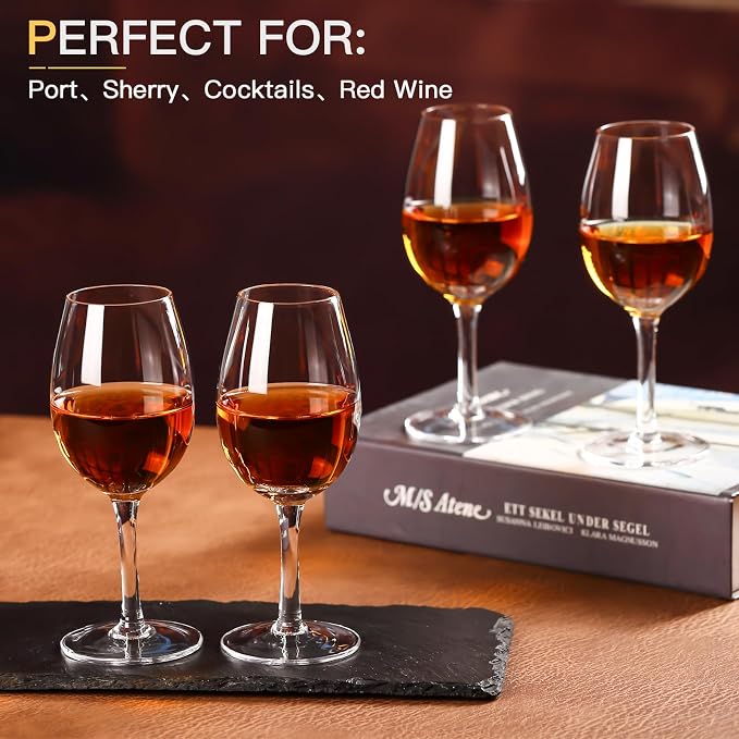 Port and Dessert Wine Glasses, Sherry, Cordial, Aperitif Tasting Glasses |7oz | Set of 4 Crystal Snifters | Mini Short Stem Liquor and Spirits Sippers