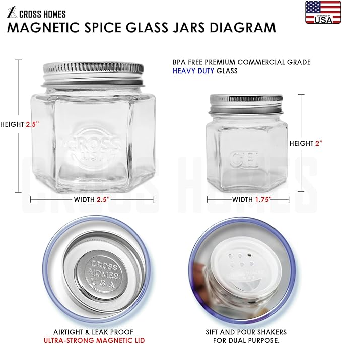 Magnetic Spice Jars Combo Pack 21 Set (6 Large 4 oz + 15 Small 2 oz) Refrigerator Hexagon Glass Spice Jar Magnetic Lid Shaker Spice Labels Magnetic Glass Spice Containers for RV Kitchen Fridge Cabinet